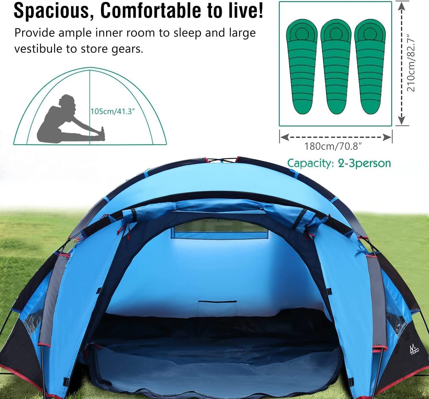 Emergency Survival Tent, Waterproof Family Camping Dome Tent 3 Person, Portable Outdoor Instant Cabin Tent, 4-Season Double Layer Sun Shelter Shade for Hiking, Backpacking, Mountaineering