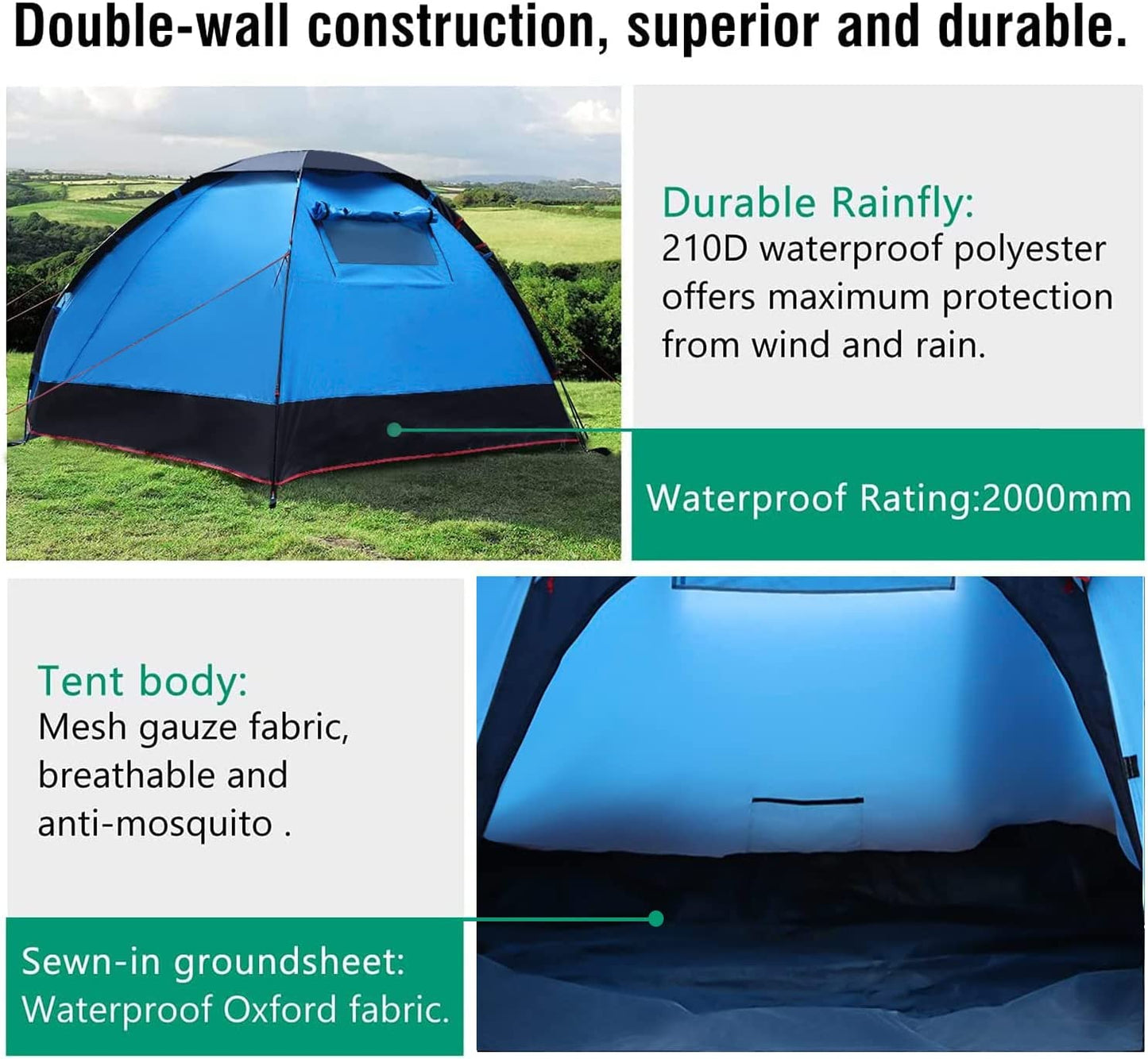 Emergency Survival Tent, Waterproof Family Camping Dome Tent 3 Person, Portable Outdoor Instant Cabin Tent, 4-Season Double Layer Sun Shelter Shade for Hiking, Backpacking, Mountaineering