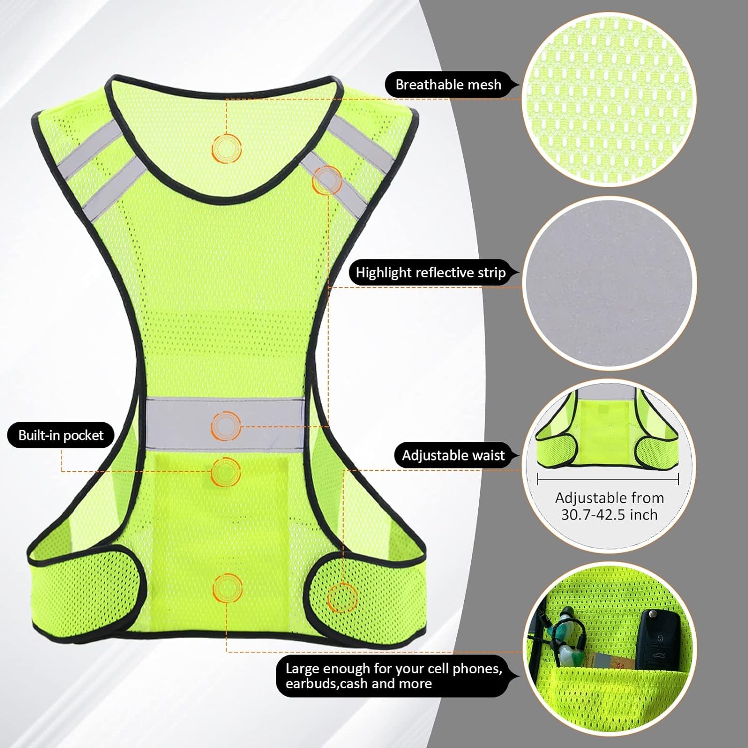 Reflective Running Vest, High Visibility Running Gear with Large Pocket